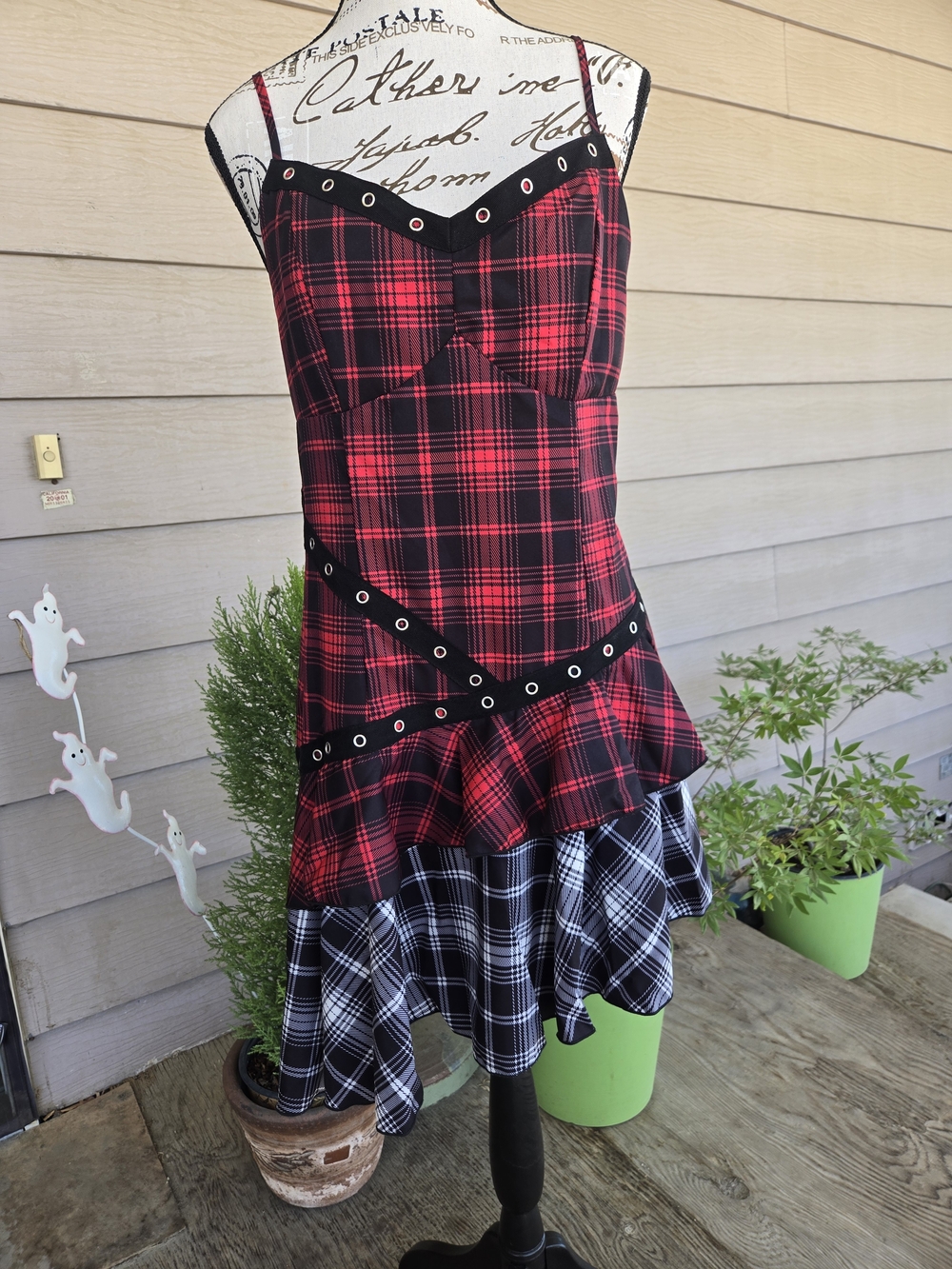 Dolls Kill Red and Black Plaid Mini Dress with Grommet Trim
